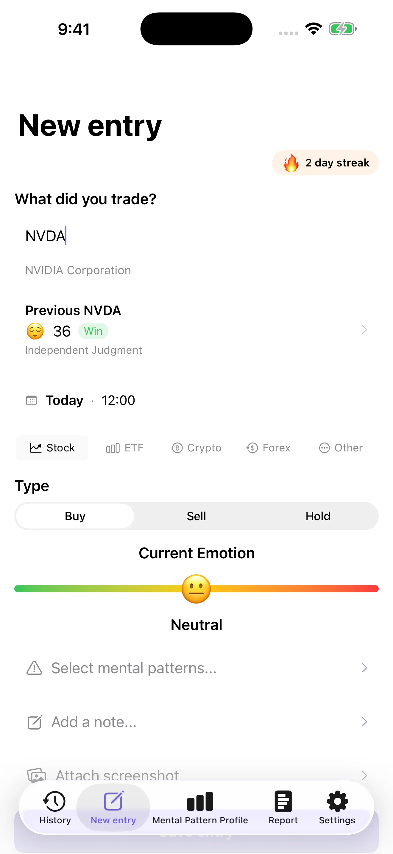 MindTrade new entry screen for recording a trade, current emotion, and mental patterns