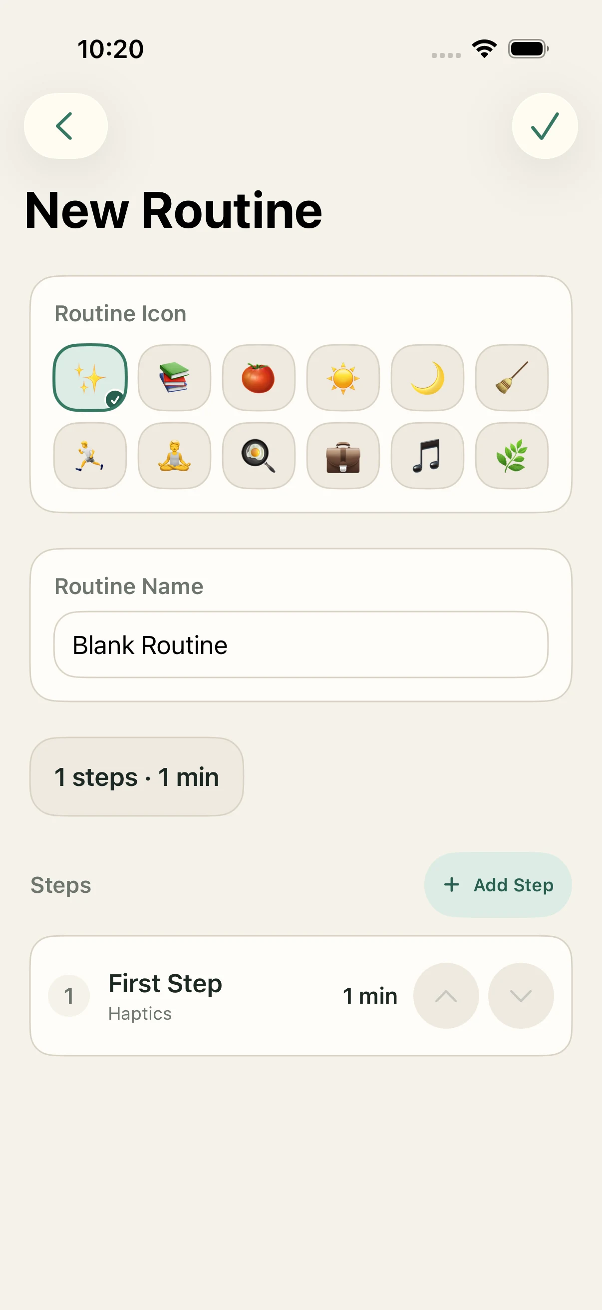 StepCue routine editor with a routine name, icons, timed steps, and an Add Step action