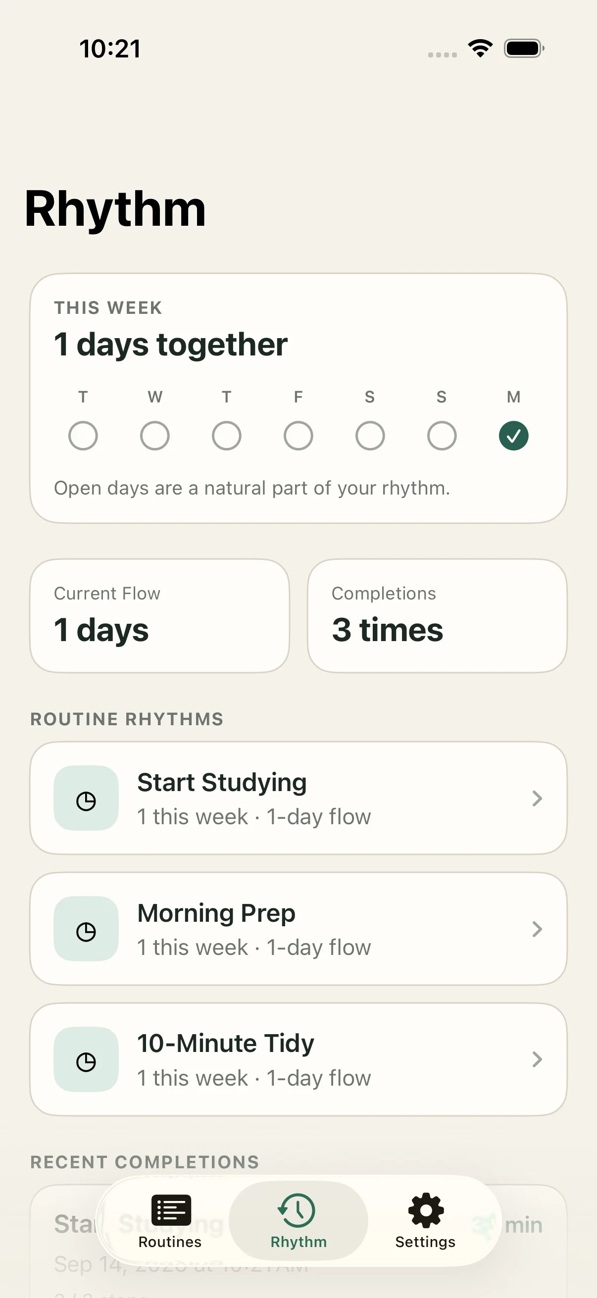 StepCue Rhythm screen with this week’s activity, current flow, completions, and routine rhythms