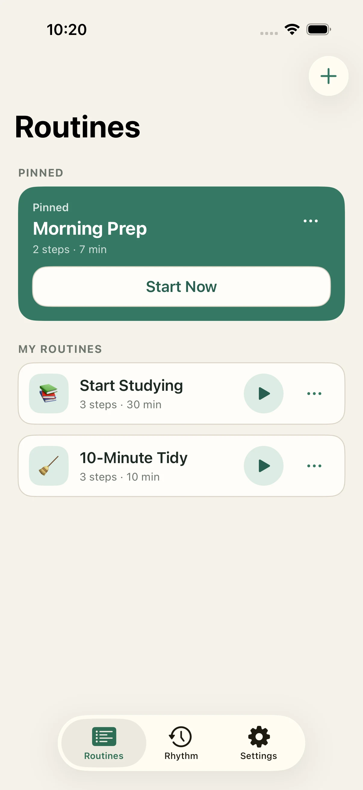StepCue Routines screen with Morning Prep pinned above the routine list