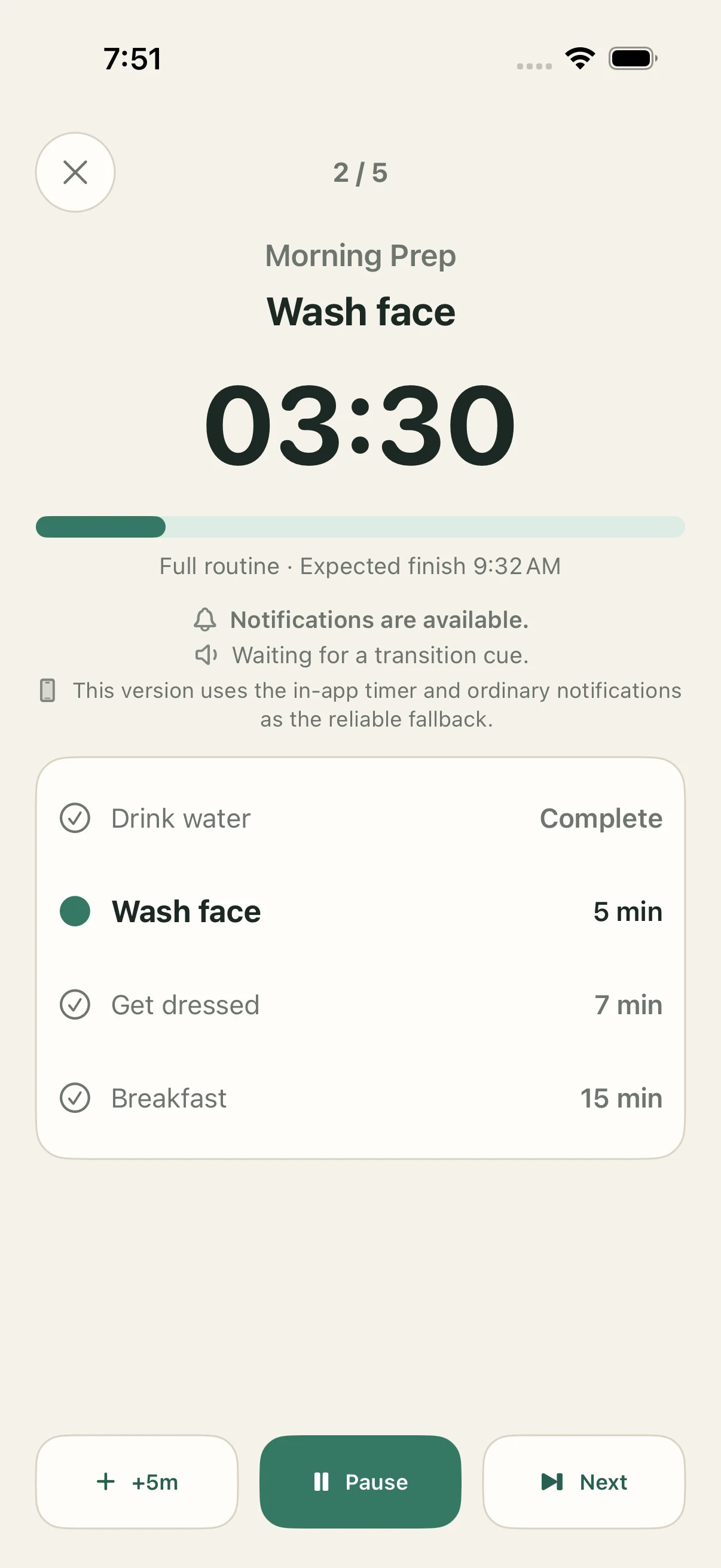 StepCue timer showing Morning Prep, the current Wash face step, 3 minutes 30 seconds remaining, nearby steps, and an expected finish time